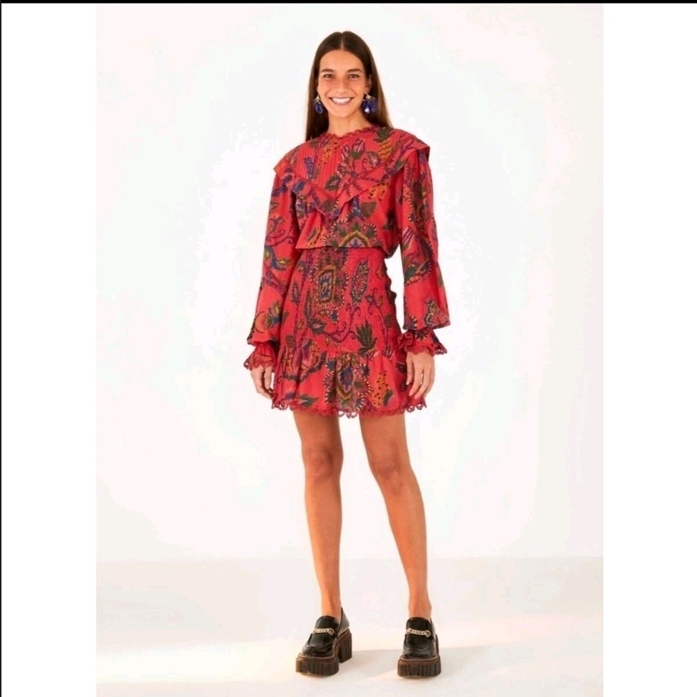 Farm Rio Sunset Tapestry Mini Dress Smocked Ruffled Boho Blush Romantic Size XL